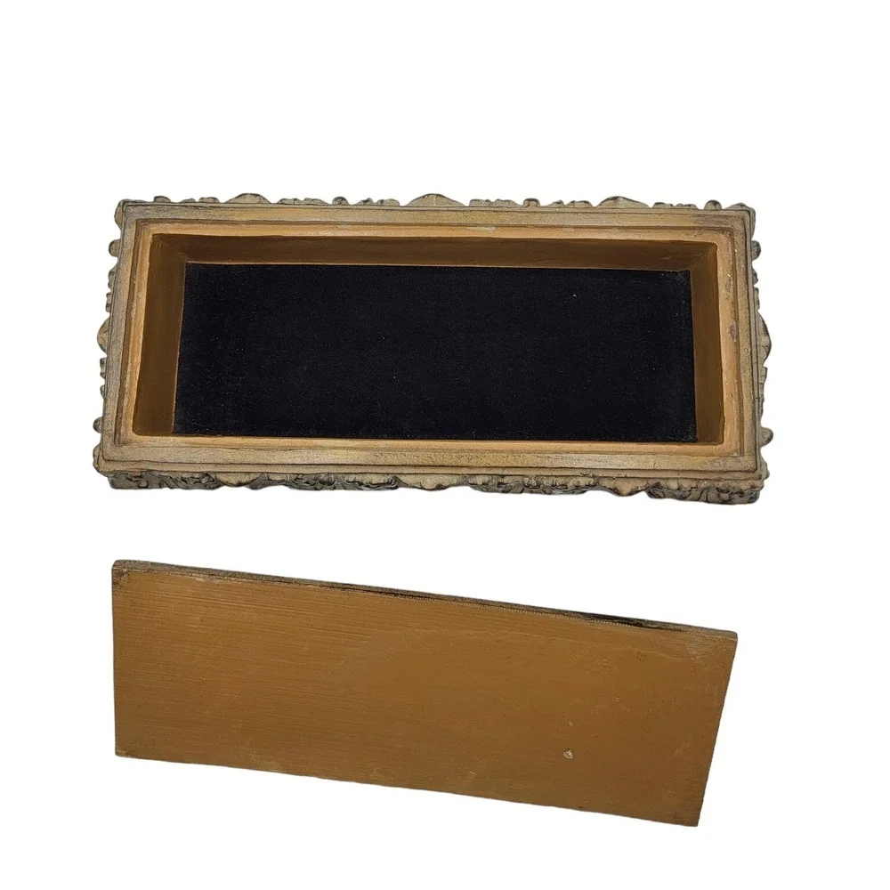 Vintage Lidded Jewelry Box‎ International Bazaar Faux Wooden Carved Velvet Lined